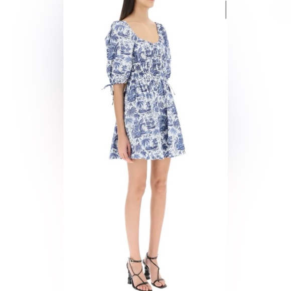 Staud Faye Cotton Mini Dress in blue and white toile - Picture 2 of 7